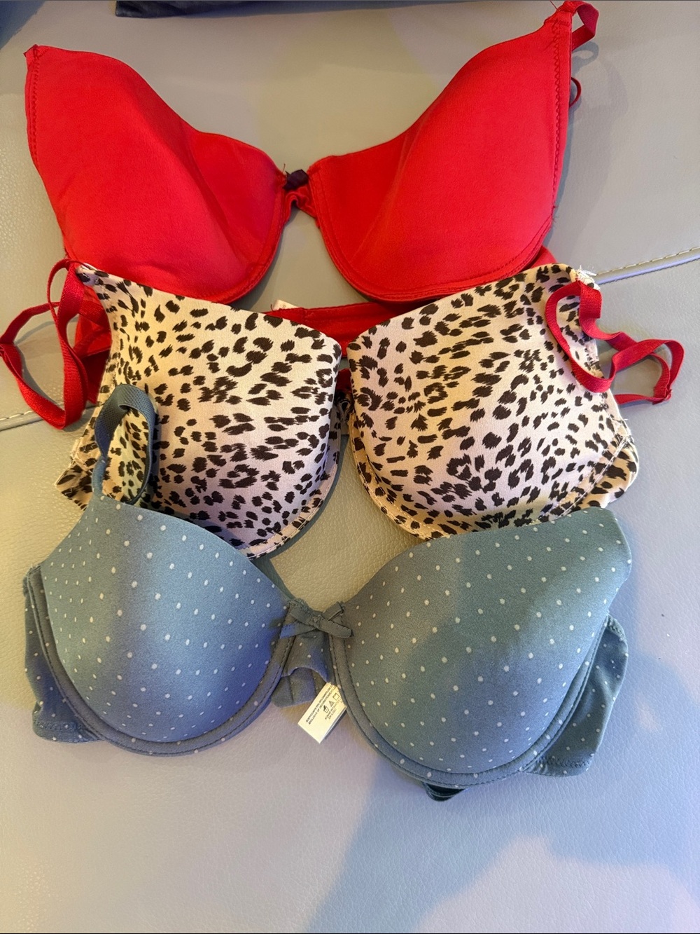 Women’s 3 Push-Up Bra Set - Red, Leopard, grey with pink polka dots